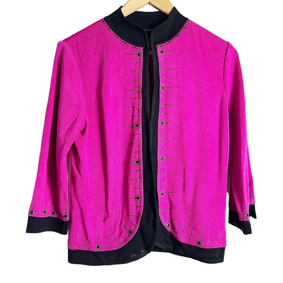 Ming Wang Magenta Pink Black Rhinestone Embellished Cardigan Sweater Size Small - Picture 1 of 11
